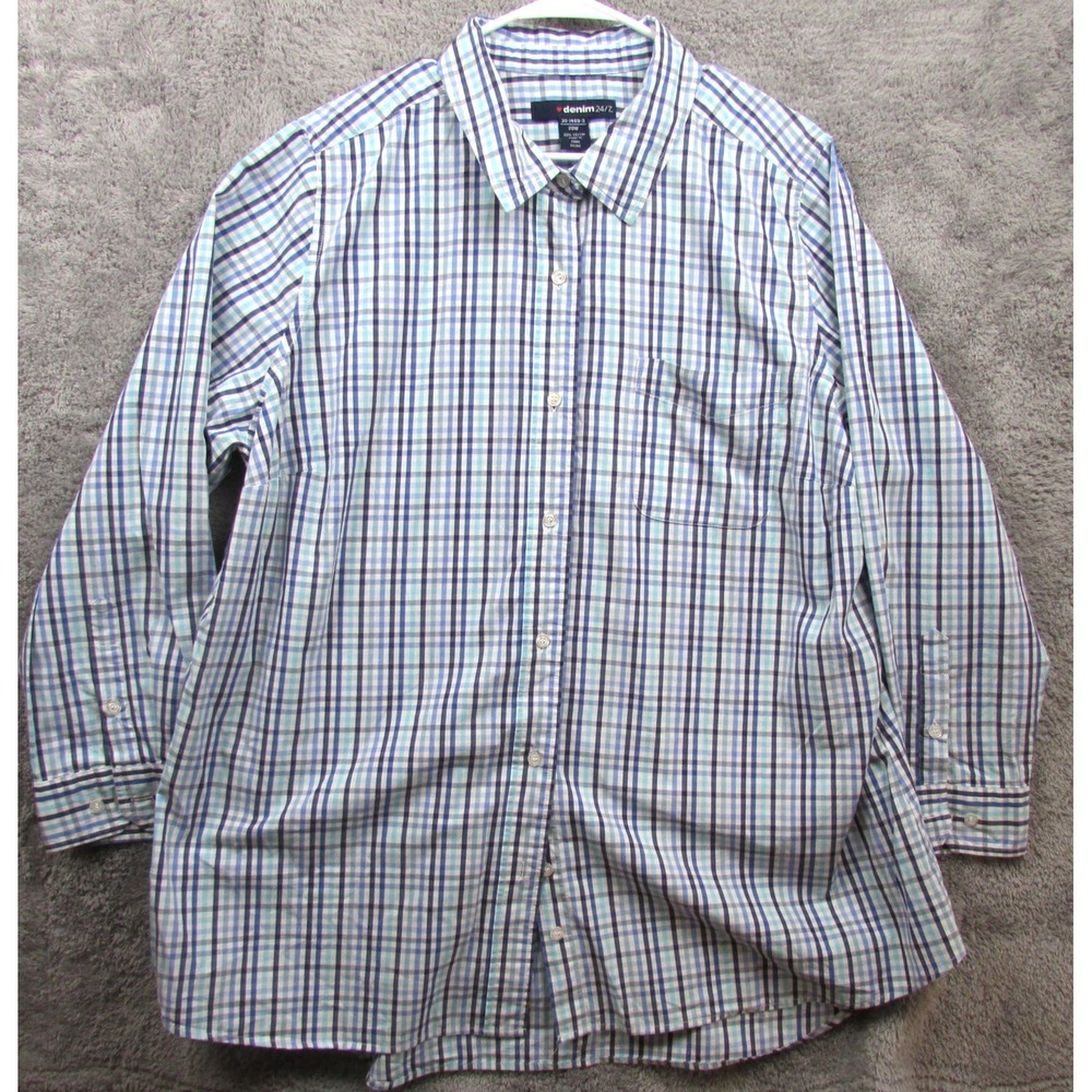 Denim 24/7 Shirt Womens 20W Blue Plaid Button Down Cotton Long Sleeve Collared‎